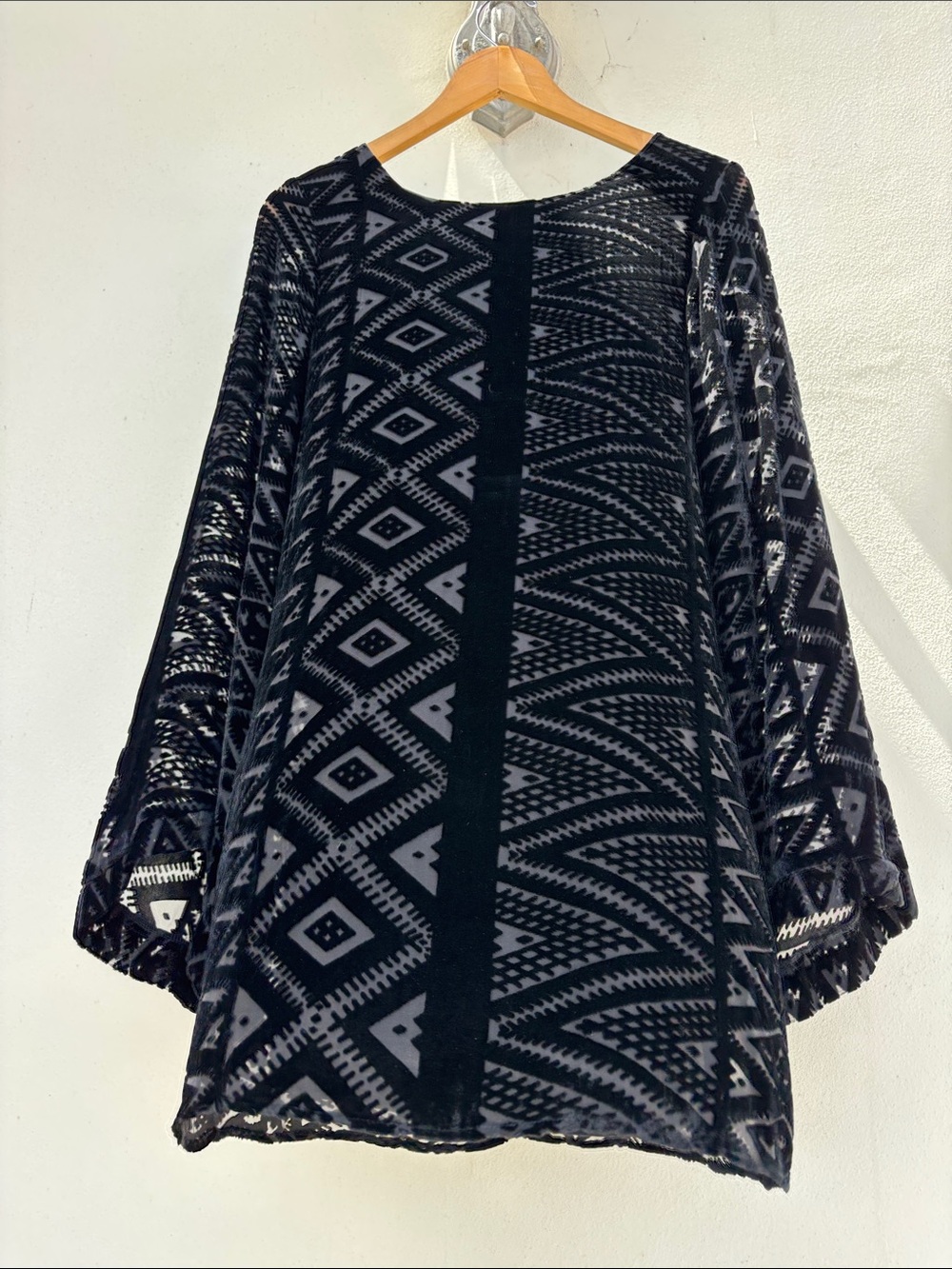 Mumu (S) Black Silk Velvet Burnout Retro Mini Dress/Tunic